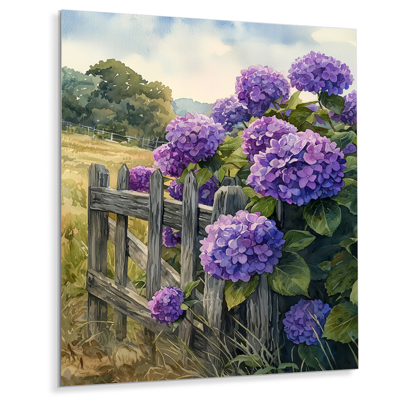 Été hortensias par The Farm Fence IV - hydrangées, décoration murale en métal, reproduction d'art traditionnelle en métal