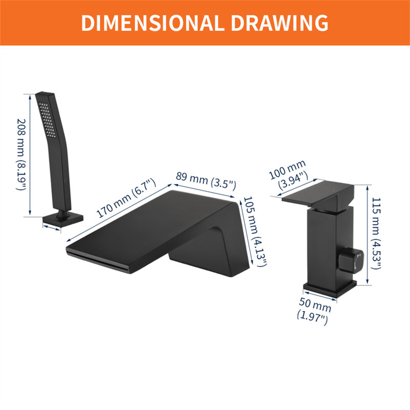 1 Handle Deck Waterfall Faucet with Diverter, Matte Black