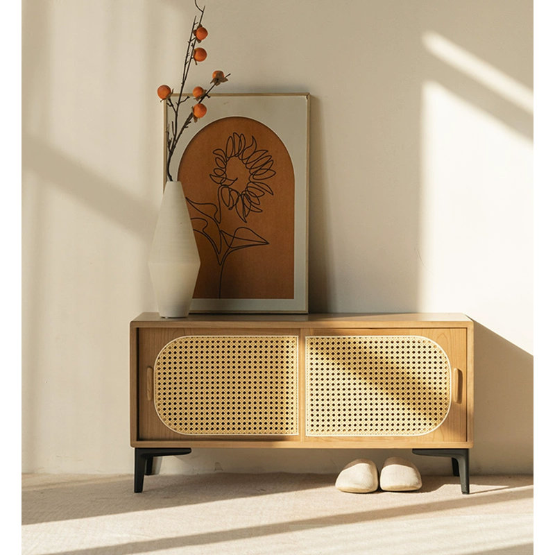 Solid Wooden Rattan Shoe Storage Bench, Tan
