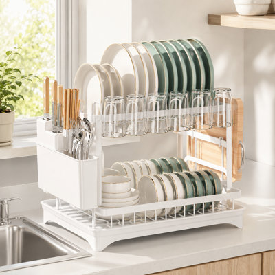 Two-tier Stainless Steel Kitchen Dish Rack, Dish Drying Rack, Utensils Holder, Draining Spout, Extra Large Capacity Dish Drainer