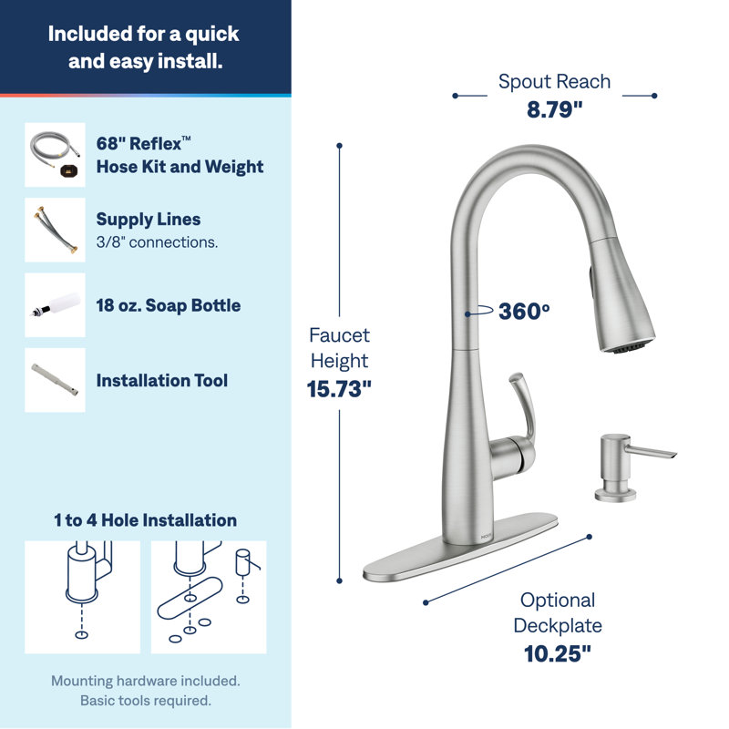 Moen Essie Pull-Down Kitchen Faucet with Power Clean Technology and Soap Dispenser, Spot Resist Stainless