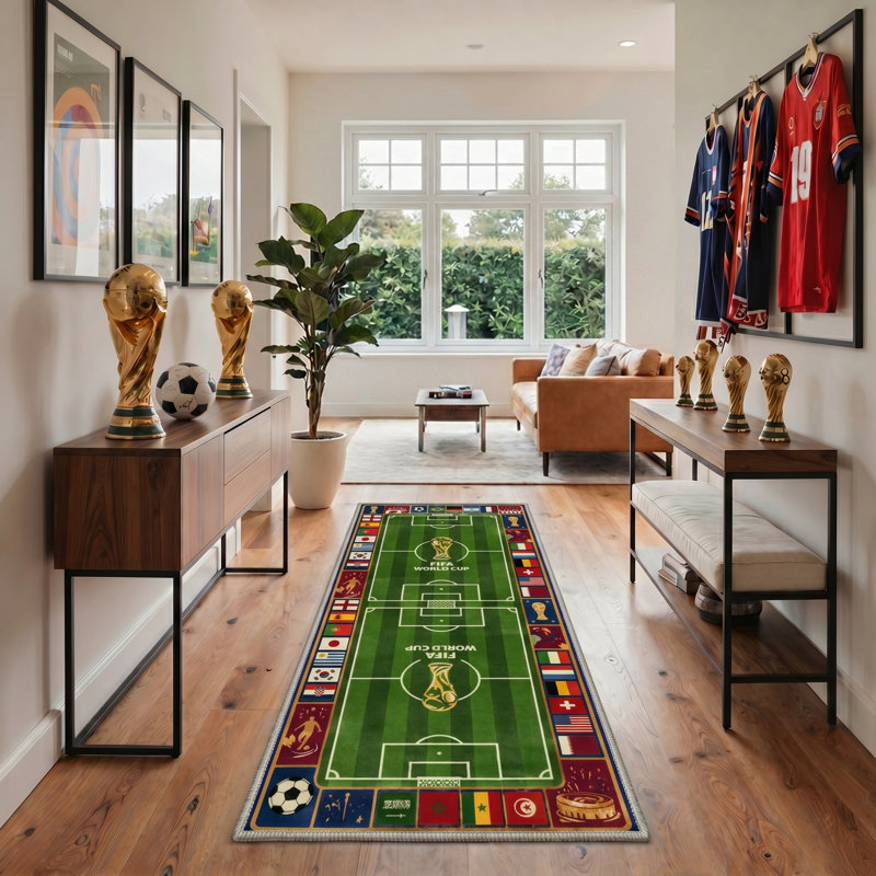 Avalon Modern Football Pitch / Sage Indoor Area Rug With Non-Slip Backing, Runner 2'3" x 6'