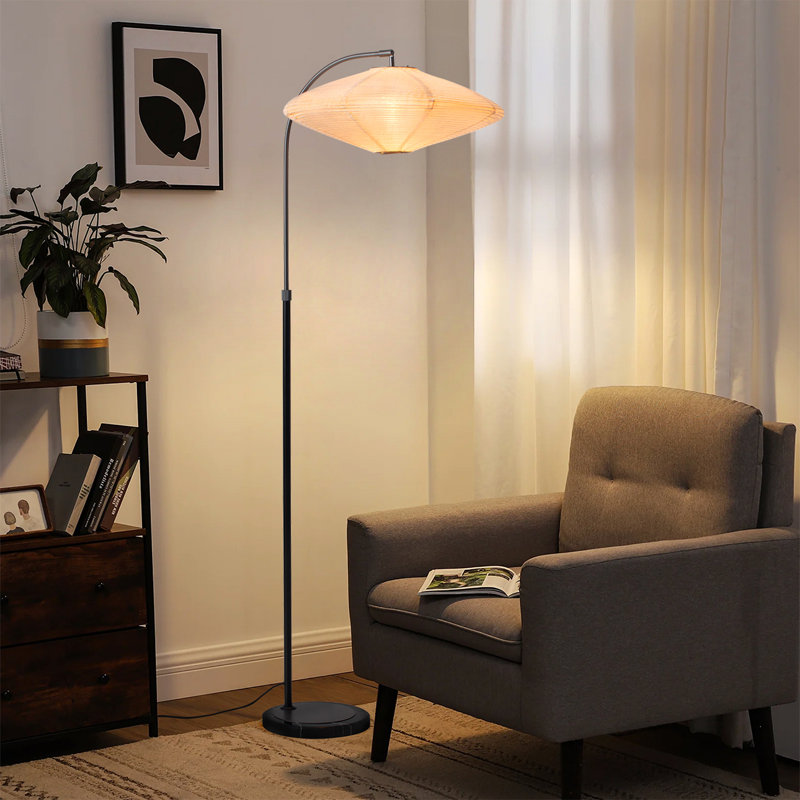 Roswell Floor Lamp - Matte Black Finish, White Linen Shade, Black Marble Base, Dimmer