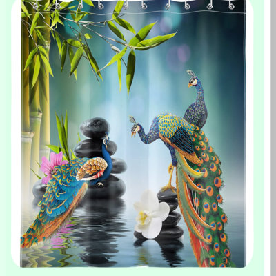 Tranquil Bamboo & Peacock Zen Shower Curtain Set - Relaxing Garden Scenery, Spiritual Yoga Fabric, with 10 Hooks