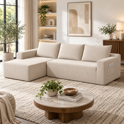 Canapé d'angle modulaire en forme de L Cloud blanc de 246 cm avec méridienne, canapé profond rembourré en velours côtelé moelleux, aucun assemblage requis pour le salon et la chambre à coucher