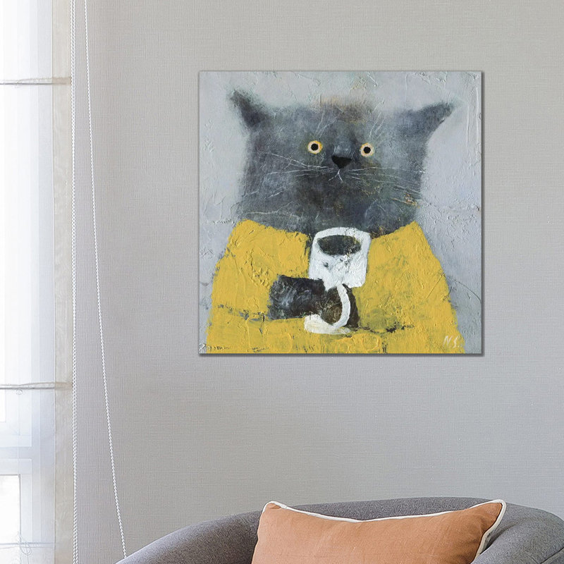 Grey Cat Yellow Dress By Natalia Shaloshvili - Wrapped Canvas Painting by Natalia Shaloshvili - Wrapped Canvas Painting