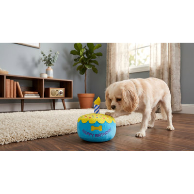 Jouet de gâteau d'anniversaire de chien 5,9 pouces, cadeau de chien en peluche plus grand avec boîte à musique électronique, chanson de joyeux anniversaire et mélodie d'écorce de chiot, décoration de fête pour toutes les races, bleu