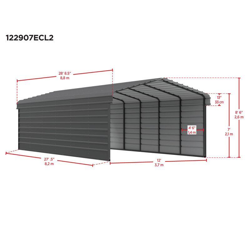 Charcoal Steel Carport Kit with 2-Sided Enclosure