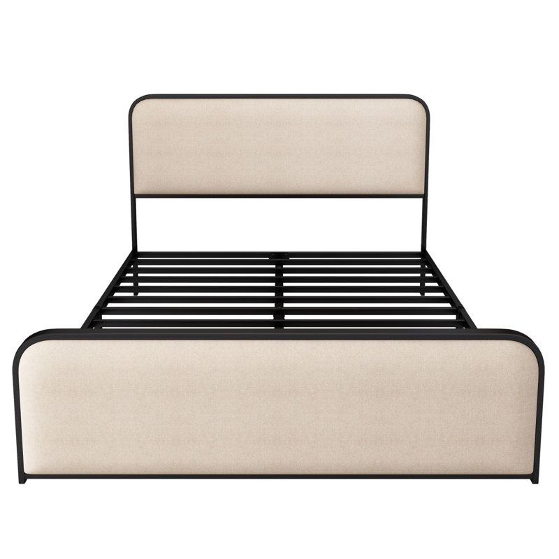 Modern Metal Bed Frame With Upholstered Headboard And Footboard, King, Beige, No