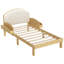 Structure de lit simple tapissier avec tête de lit courbée et rembourrée, pieds arqués et tablettes de rangement latérales, sans sommier, naturel