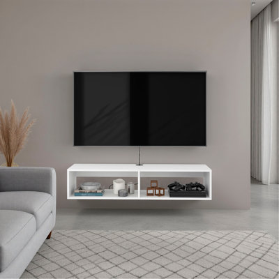 Meuble télé arctique blanc avec tablettes ouvertes pour rangement, design moderne, blanc
