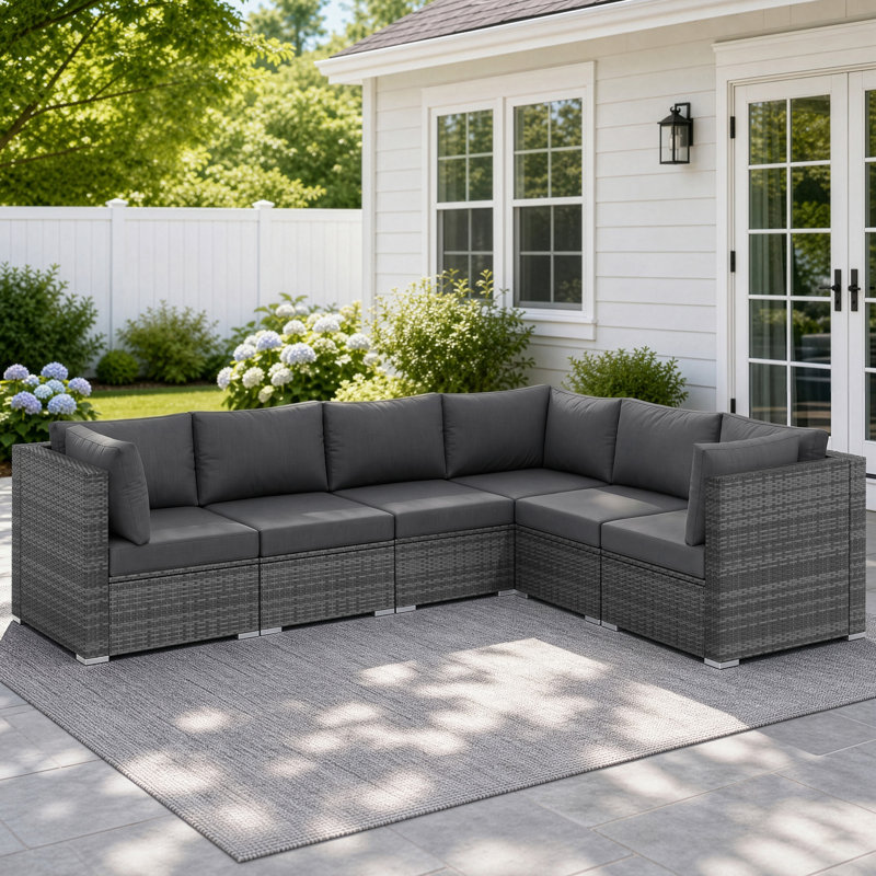 5-piece Outdoor Patio Sectional Sofa Grey Pe Rattan Wicker Conversation Set With Cushions, Gray/Dark Gray