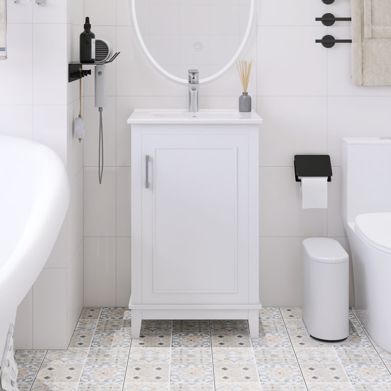 Petit meuble-lavabo sur pied 20 po avec lavabo en céramique, Blanc / argenté