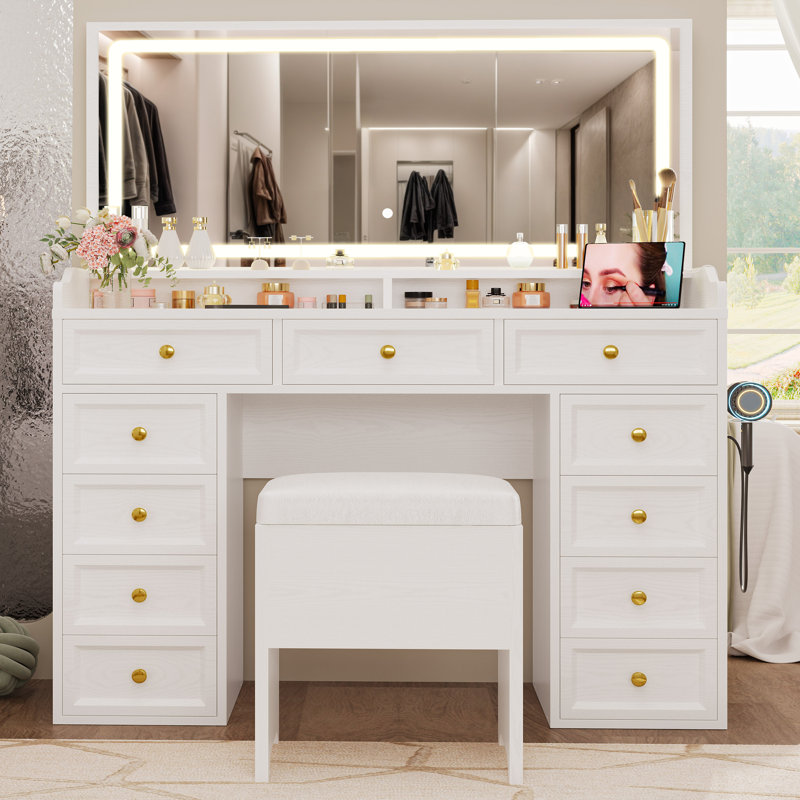 11-Drawer Manufactured Wood Vanity Set with LED Mirror and Stool 