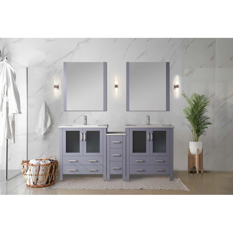 Meuble-lavabo double avec armoires latérales, ensemble de robinet, comptoir en céramique et miroirs