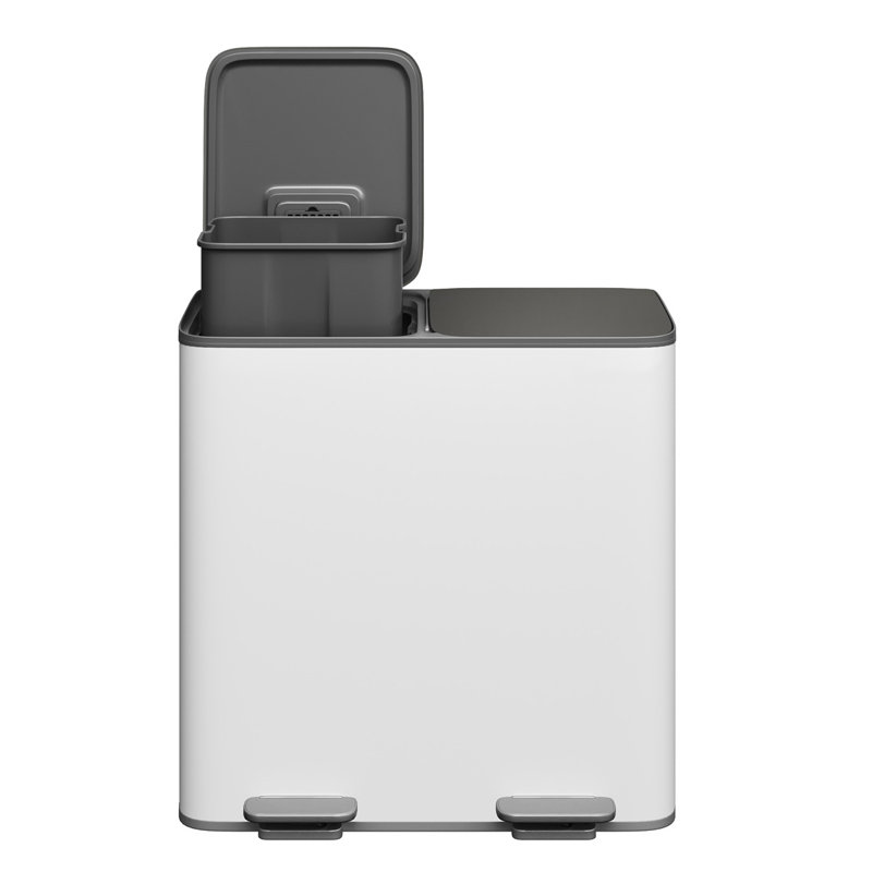 Poubelle de cuisine à deux compartiments - Poubelle à pédale en acier inoxydable 2 x 10,6 gallons - Couvercle à fermeture en douceur, seaux intérieurs amovibles en PP, Combo de recyclage et poubelle grande capacité - Blanc grisâtre