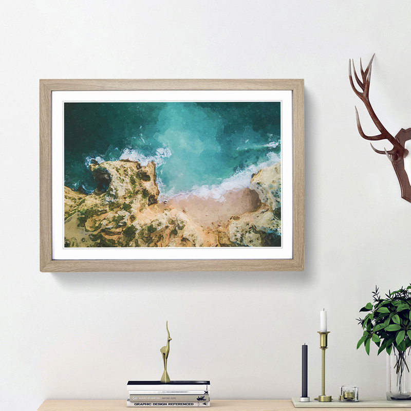 Beach in Lagos Portugal - Picture Frame Photograph Print, 48cm H x 65cm W x 2cm D, Oak Framed