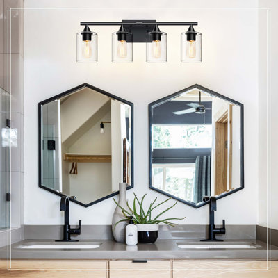 4-Light Matte Black Bathroom Vanity Light, Damp Location Rated Industrial Wall Fixture with Clear Glass Shade, Anti-Bacterial Metal Bath Lamp for Medium Vanity Mirror