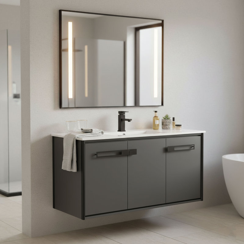 42'' Single Bathroom Vanity with Vitreous China Top, Matte Black, Onix Gray