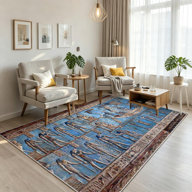 Blue Interior Walls Ancient Egyptian Egypt Wall Art Nile History Machine Washable Indoor Area Rug, Rectangle 71" x 98"