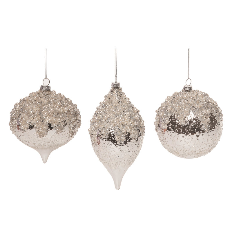  Glass Glittered Silver w/Beads Ornament Set of 3 Christmas Home Decorations