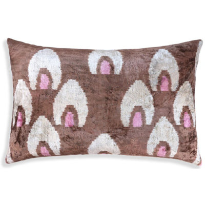 Handmade Brown Velvet Lumbar Pillow 16X24 – Ivory & Pink Arch Motif Designer Cushion