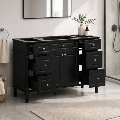 Meuble-lavabo autoportant de 47,2 po de style vintage sans lavabo, armoire de salle de bain avec 6 tiroirs et 2 portes, pieds en bois massif, charnières à fermeture en douceur, armoire seulement