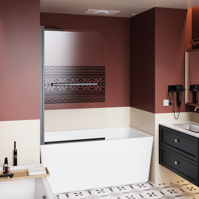 Bohemian Pattern Bathtub Shower Door, 32 In Wide, 55 High, 1/4 Inch Thick, Black Finish, Functional Stainless Steel Accessories, 180 - Degree Turn For Easy Entry Screen Bathtub, Wide X Thick Tempered