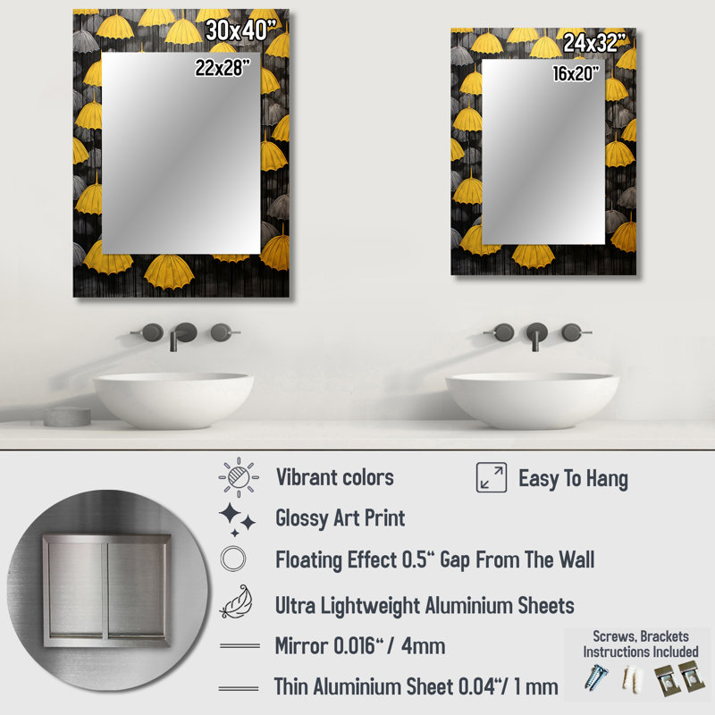 Ciel de parapluies jaunes et gris Tranquility I - miroir mural décoratif traditionnel, art imprimé en métal, 32 po x 24 po