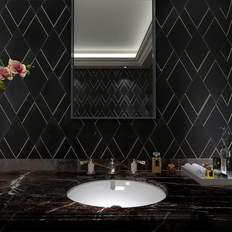 Enver Polished Marble And Brass Mosaic, Nero/Brass