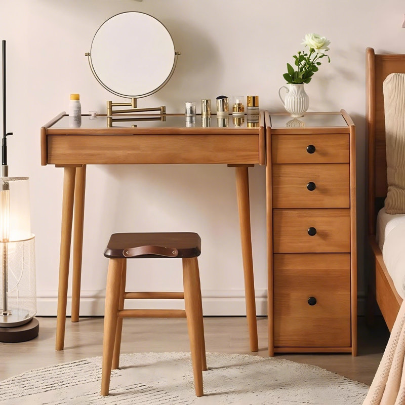 28.74"Solid Wood Rubberwood Flip-Top Vanity with Storage Chest and Makeup Stool