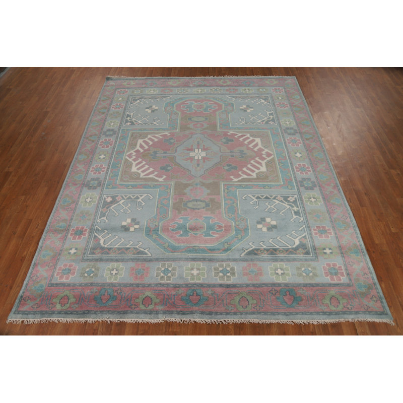 Tapis bleu et rose à motif géométrique Oushak 8 x 10