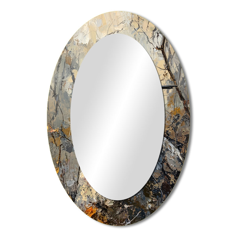 Chickadee Bird On A Pine Cone III - Black Eclectic Oval Wall Mirror, 36" x 24"