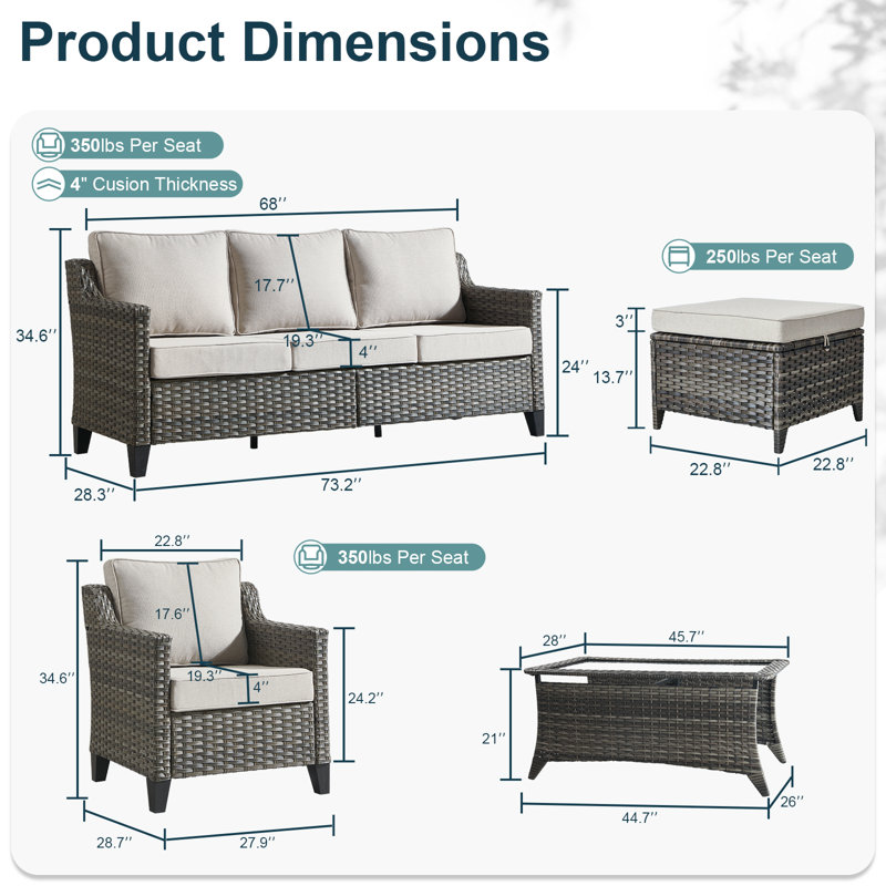 Ensemble de conversation pour patio 6 pièces avec table basse Arlene, Beige