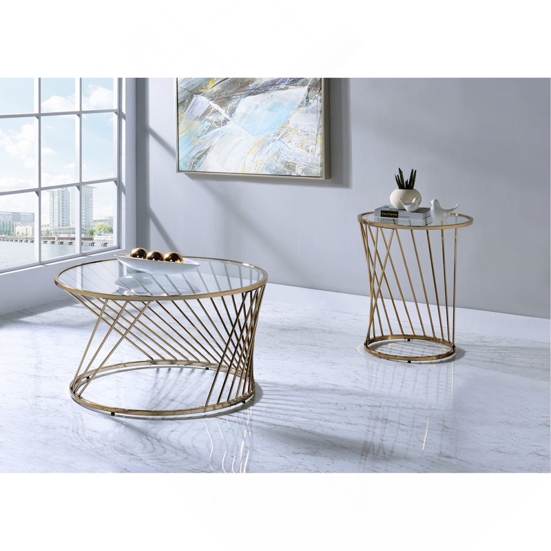 Table basse, plateau en verre transparent avec finition champagne Bluelipe
