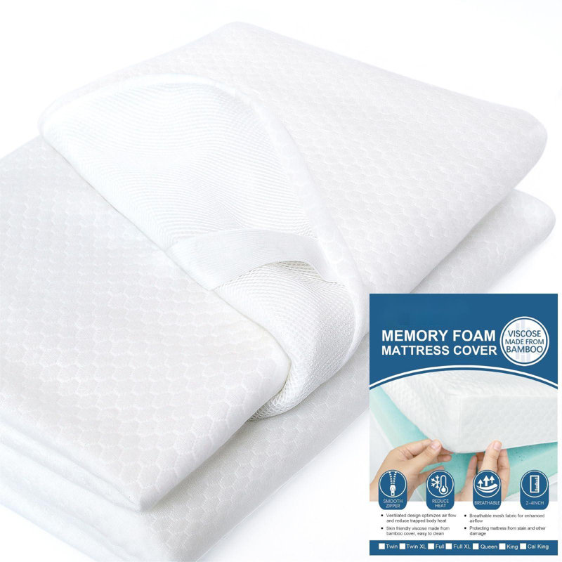King Size Memory Foam Mattress Topper Cover With Zipper, Rayon From Bamboo Jacquard And 3D Mesh Fabric Backing, Removable And Washable, With Straps,(White)