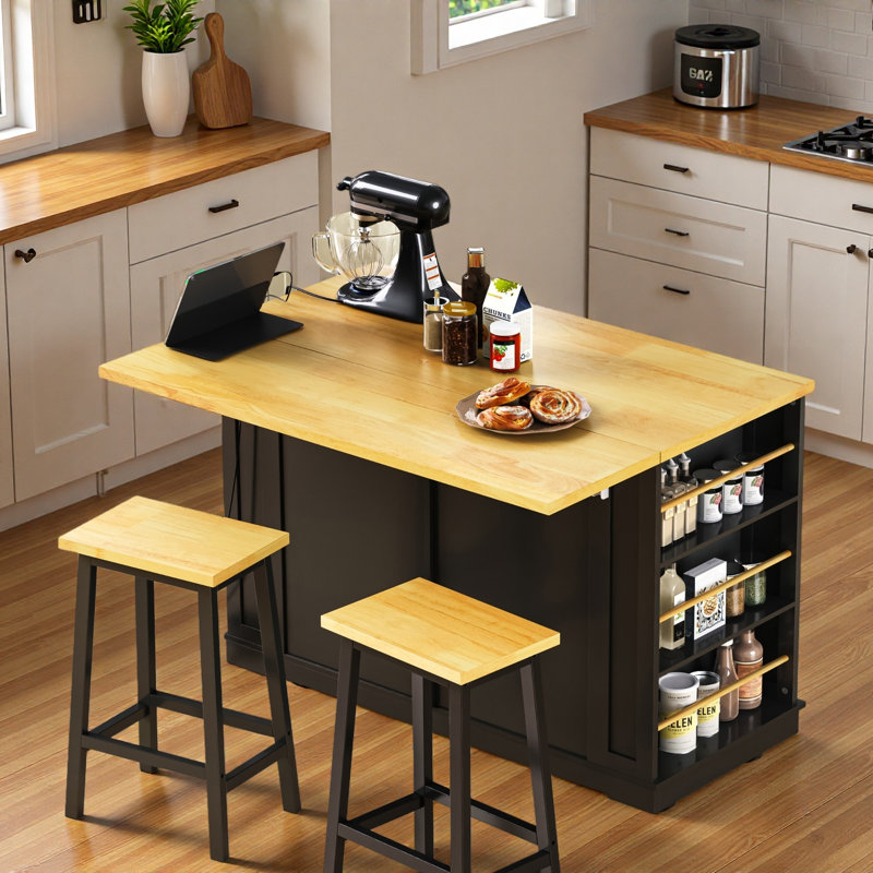 Large Rolling Kitchen Island With 2 Bar Stools, Drop Leaf, Power Outlet, Internal Storage Racks, 5 Open Side Racks, 2 Drawers