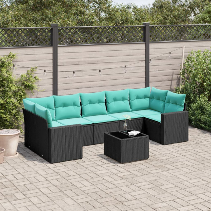 Ensemble de canapé de patio 8 pièces avec coussins en rotin de polyester, Bleu clair, Noir