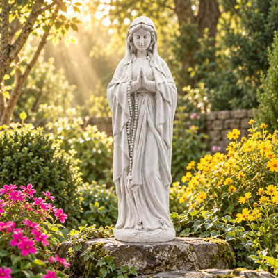 Statue de la Vierge Marie de 76 cm (29,9 pouces), sculpture religieuse d'extérieur représentant la Vierge en prière, avec chapelet et socle de rose, pour terrasse, pelouse, porche et jardin commémoratif.