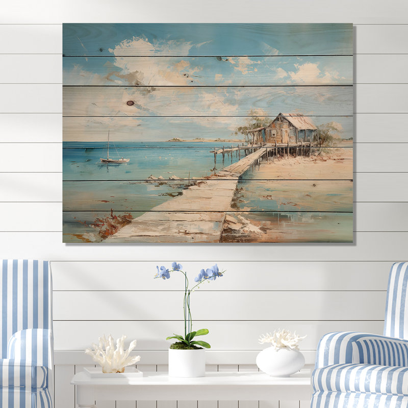 Coastal Pier, minimalisme, art mural sur bois de pin, H 24 po x l 32 po