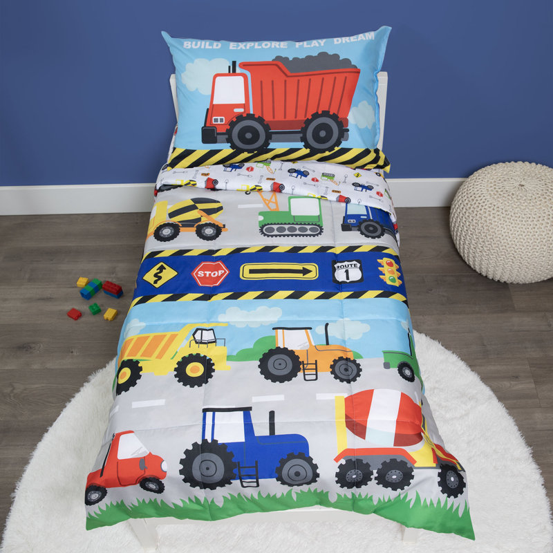 Ensemble de lit pour tout-petits 4 pièces Construction - comprend un édredon, un drap-housse, un drap plat et une taie d'oreiller réversible