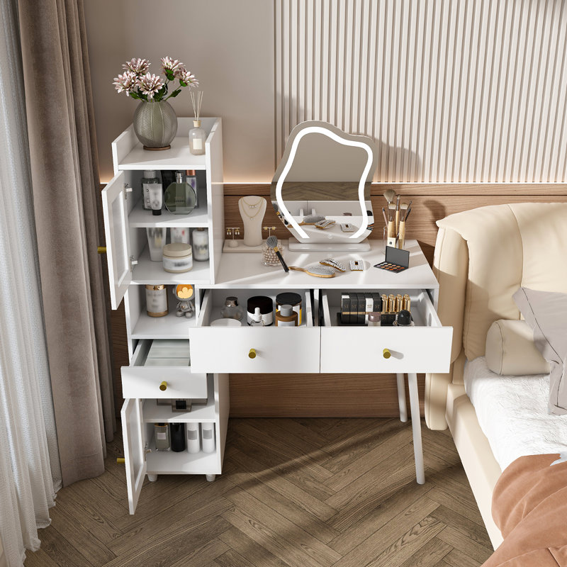 Coiffeuse avec miroir à DEL et rangement - bureau de maquillage blanc avec 3 tiroirs