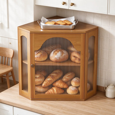Boîte à pain de coin pour comptoir de cuisine, porte-pain en bambou avec panneau de porte ondulé en acrylique, organisateur de rangement à deux niveaux pour pains, bagels, pâtisseries et collations