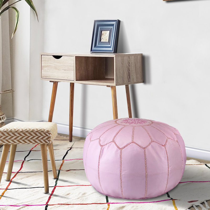 Handcrafted Round Pink Genuine Leather Pouf Ottoman