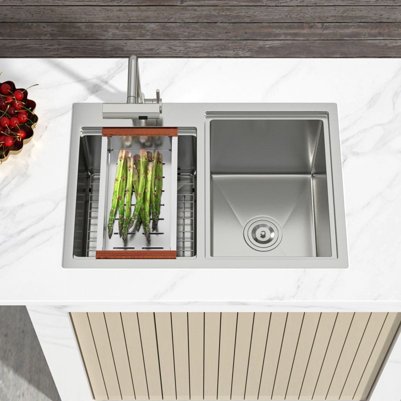 30'' L x 20'' W Drop-in Workstation Kitchen Sink, Stainless Steel Double Basin Outdoor Sink with Difference Depth