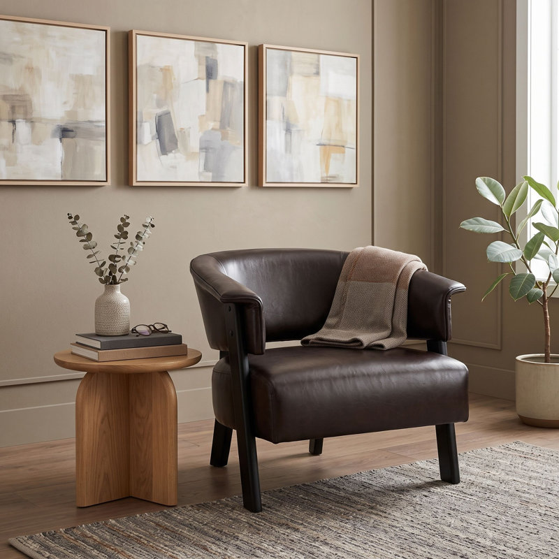 Fauteuil d'appoint à oreilles en similicuir avec pieds robustes en bois, Brun