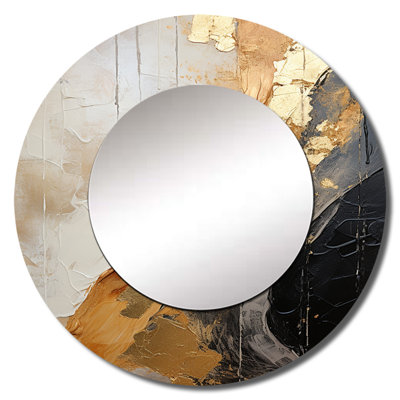Rheece Minimalism Chrome Gold And Black Poteries - Abstract Spirals Wall Mirror, Modern Round Decorative Mirror, Printed Metal Art