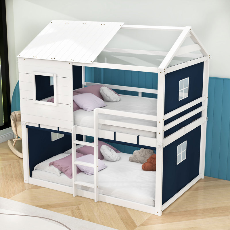 Wood House Bed With Tent And Ladder, Blue White, Full over Full