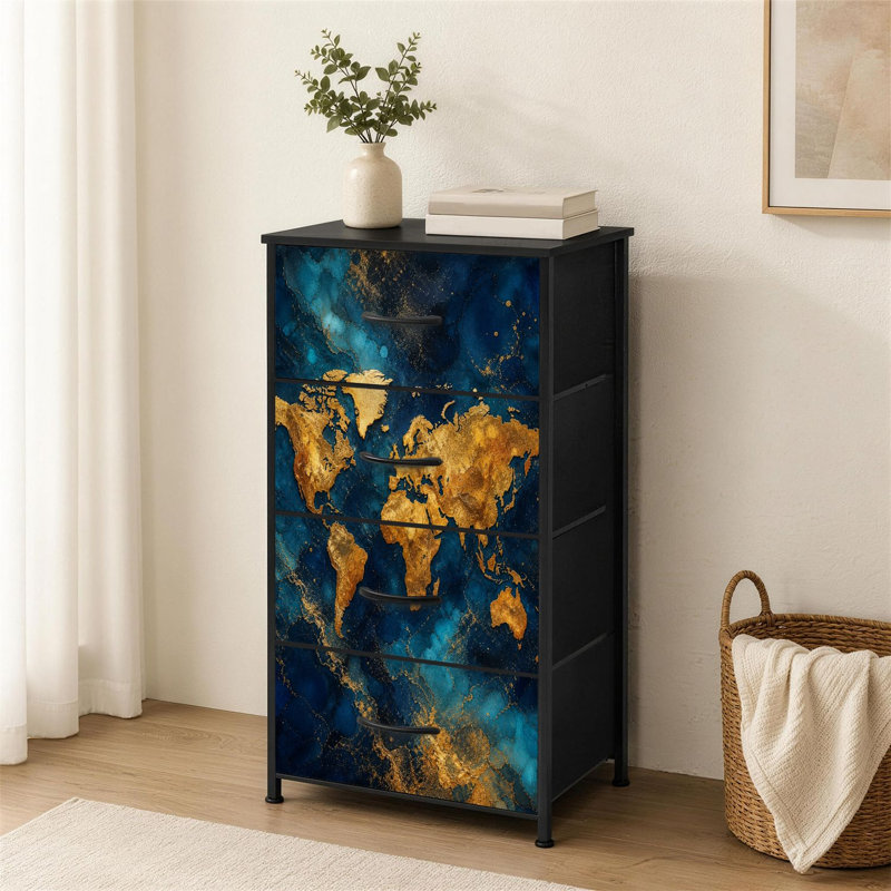Commode à 4 tiroirs pour chambre à coucher or mappemonde abstraite en marbre bleu et or