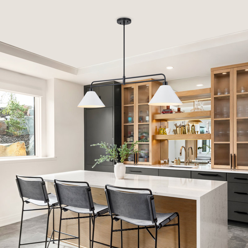 Lustre linéaire noir et blanc de 47 pouces pour îlot de cuisine 2 lumières à hauteur réglable, structure en métal noir mat avec abat-jour blanc, base E26 pour table de salle à manger, bar et table de billard